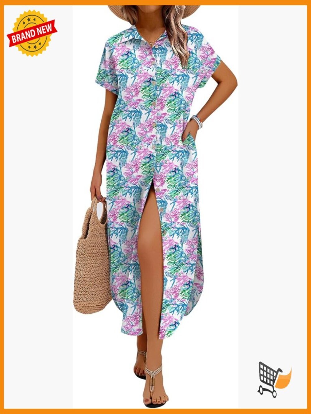 Casual Button Down Shirt Dress Maxi Cover Up with Pockets